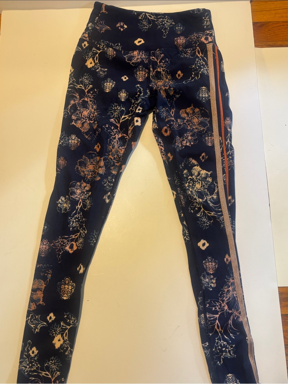 FP Movement by Free People Navy Floral Leggings with Pink Side Stripe Accent